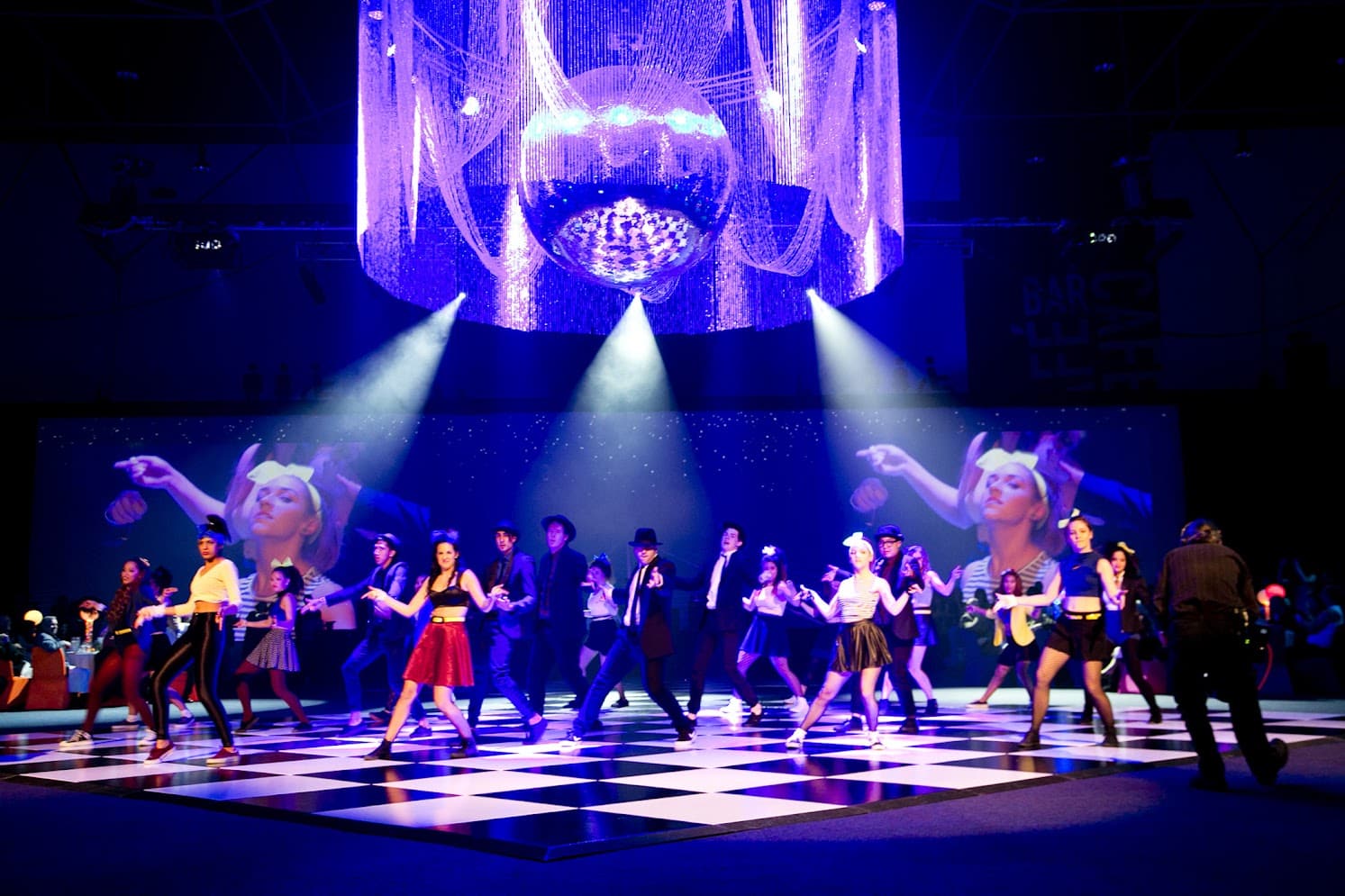 80's Black and White Dancefloor_Mirror Ball Beaded Chandelier_Dancers