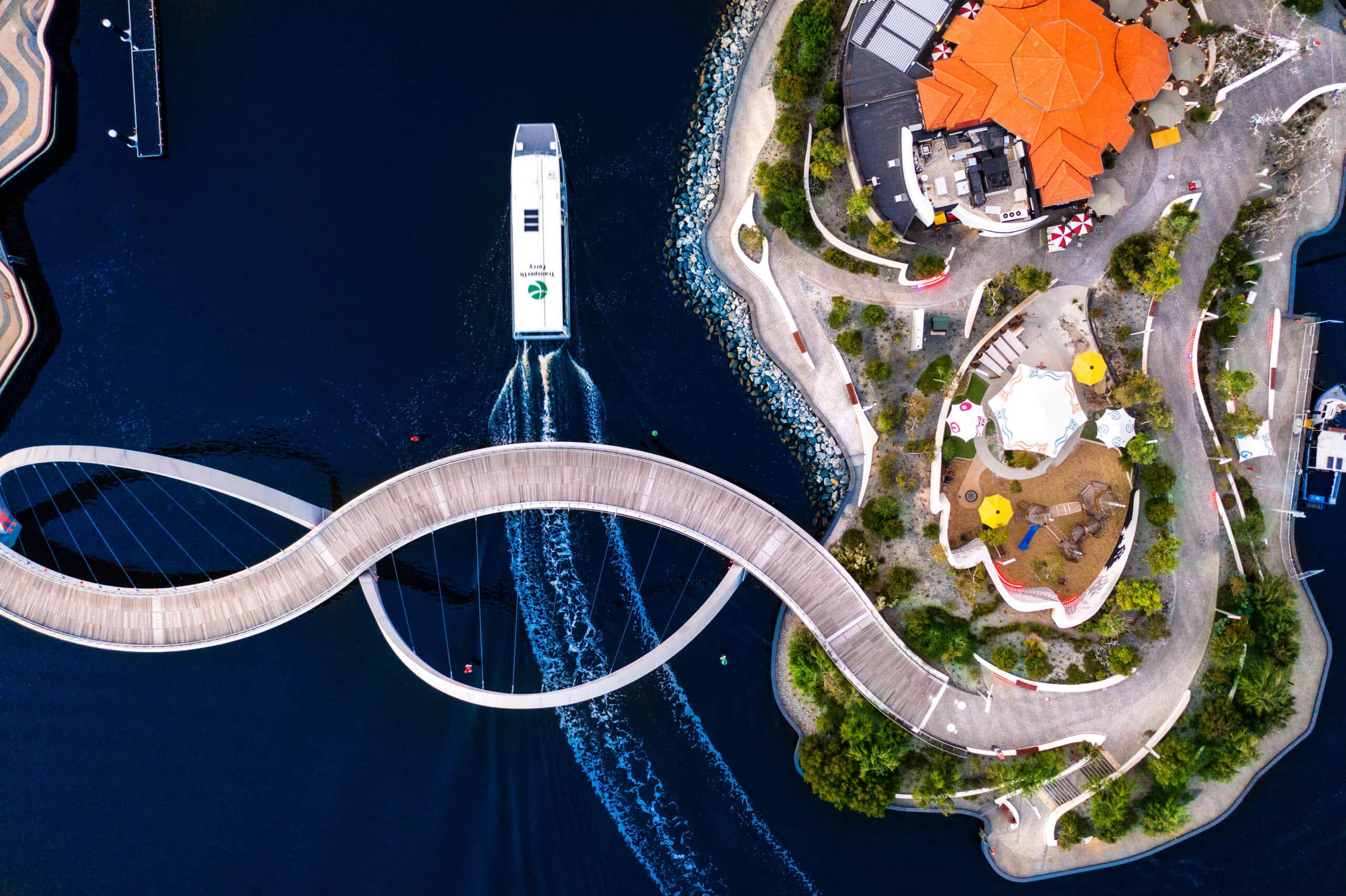 Aerial View of a Ferry cruising through Elizabeth Quay, Perth