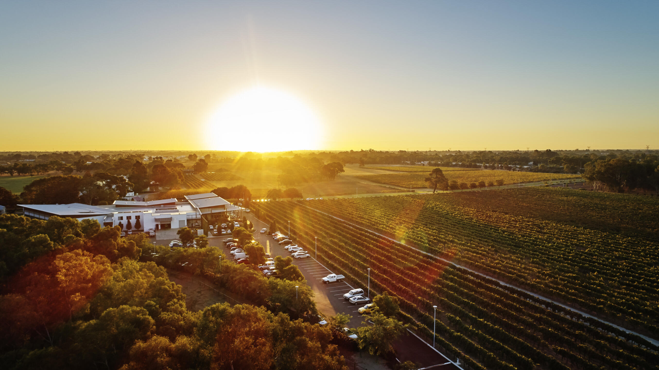 Aerial view of the Mandoon Estate & Homestead Brewery at sunset.